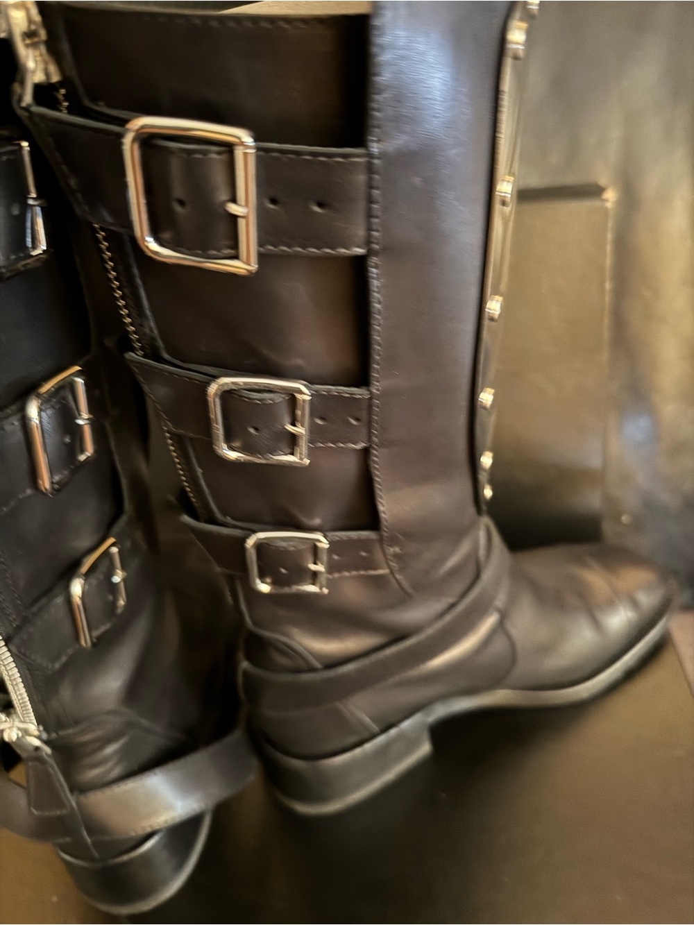 CHANEL Black Leather Knee-High Combat Boots with Silver Plate - Picture 7 of 16
